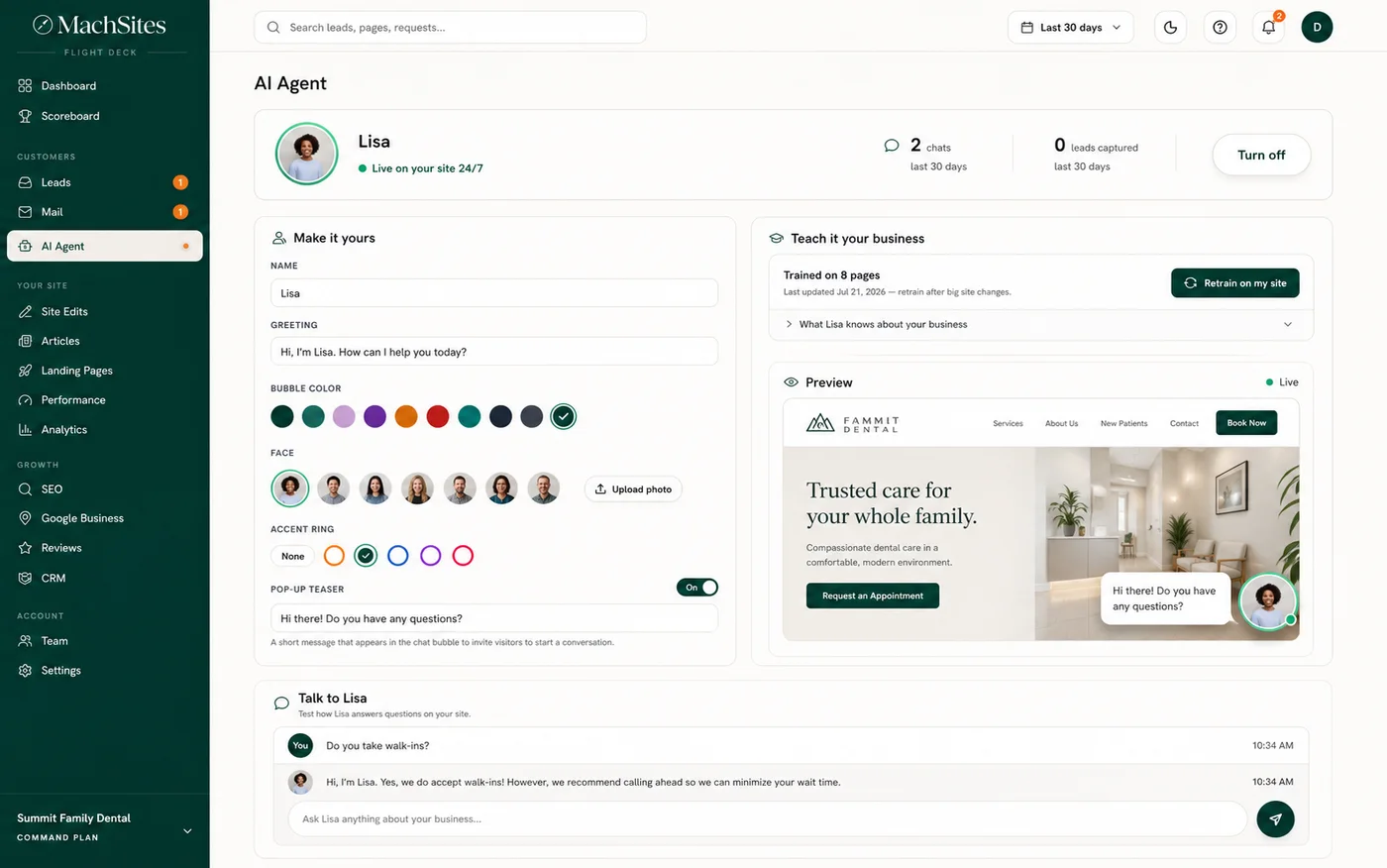 Your own AI receptionist — name it, style it, it learns your site in one click