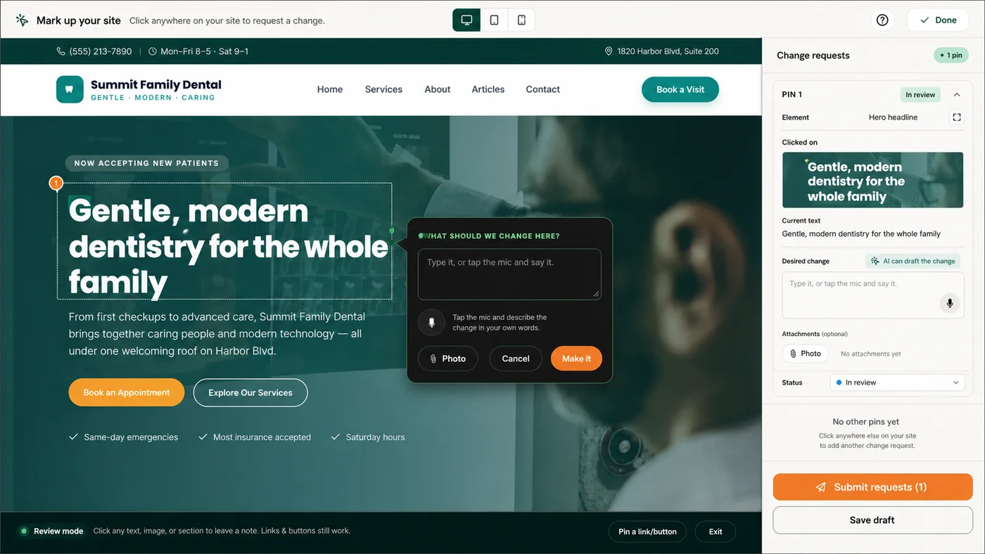 Instant Voice Edits — point at your site, say the change, approve it